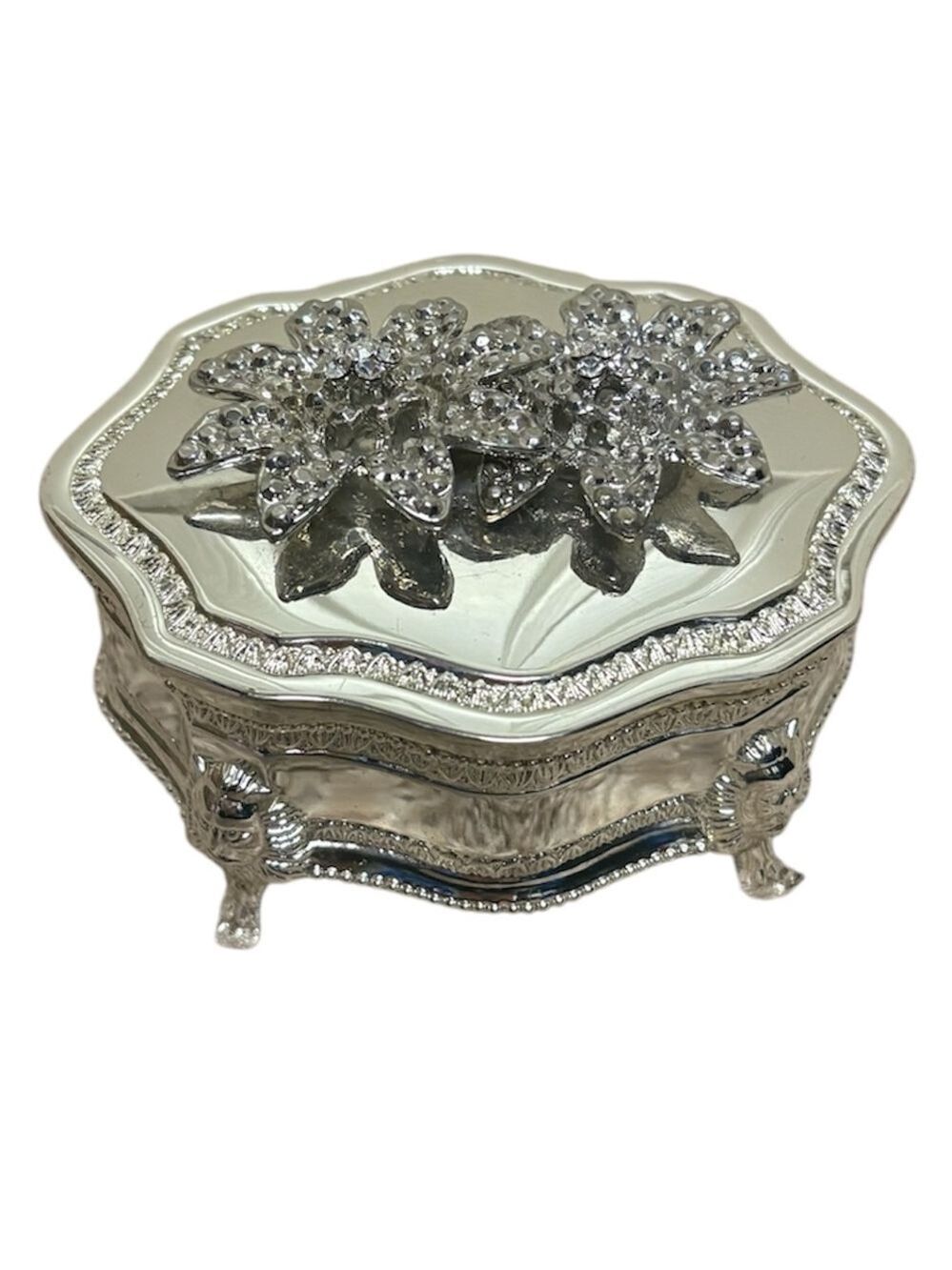 Silver trinket jewelry box floral accent top lion head footed metal decorative
